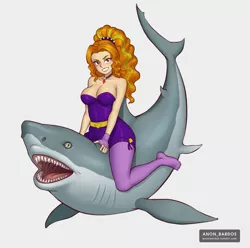 Size: 1445x1436 | Tagged: suggestive, artist:anon_bardos, derpibooru import, adagio dazzle, shark, equestria girls, rainbow rocks, adorabolical, adoragio, big breasts, breasts, busty adagio dazzle, cleavage, clothes, cute, evil grin, female, gem, grin, humans riding sharks, looking at you, missing shoes, pantyhose, sexy, simple background, siren gem, smiling, solo, stocking feet, stupid sexy adagio dazzle