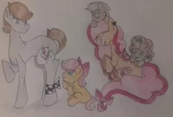 Size: 2281x1550 | Tagged: safe, artist:naito13, derpibooru import, oc, oc:dice, oc:marzipan pie, oc:pepper sandwich, oc:sodalite, oc:sugar crush, unofficial characters only, earth pony, pony, baby, baby pony, bow, colt, female, filly, hair bow, male, mare, offspring, parent:cheese sandwich, parent:pinkie pie, parents:cheesepie, pencil drawing, pony hat, siblings, stallion, tail bow, traditional art