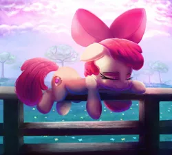 Size: 2000x1804 | Tagged: safe, artist:discorded, derpibooru import, apple bloom, earth pony, pony, adorabloom, bow, cute, cutie mark, eyes closed, female, fence, filly, floppy ears, hair bow, prone, sleeping, solo, the cmc's cutie marks