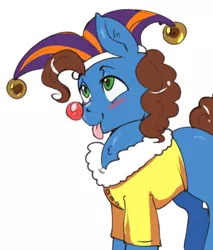 Size: 500x588 | Tagged: safe, artist:mrscurlystyles, derpibooru import, oc, oc:silly scribe, unofficial characters only, pony, :p, clown nose, cute, hat, jester hat, silly, silly pony, tongue out