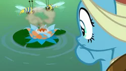 Size: 1280x720 | Tagged: safe, derpibooru import, screencap, meadowbrook, bee, flash bee, insect, pony, a health of information, female, floating, flower, hoof on chin, lilypad, mare, pollen, swamp, swamp fever plant, thinking