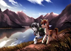 Size: 1240x881 | Tagged: safe, artist:ruhje, derpibooru import, oc, oc:ember tempest, oc:lila hope, unofficial characters only, pegasus, pony, unicorn, backpack, commission, female, freckles, hiking, lake, looking at each other, male, mare, mountain, oc x oc, saddle bag, scenery, shipping, stallion, straight, walking