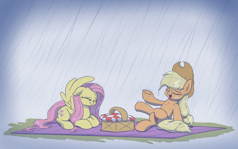 Size: 3200x2000 | Tagged: safe, artist:heir-of-rick, derpibooru import, applejack, fluttershy, earth pony, pegasus, pony, appleshybomb, appleshy, basket, cowboy hat, eyes closed, female, hat, lesbian, mare, picnic, picnic basket, rain, shipping, wing hands