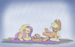 Size: 3200x2000 | Tagged: safe, artist:heir-of-rick, derpibooru import, applejack, fluttershy, earth pony, pegasus, pony, appleshybomb, appleshy, basket, cowboy hat, eyes closed, female, hat, lesbian, mare, picnic, picnic basket, rain, shipping, wing hands