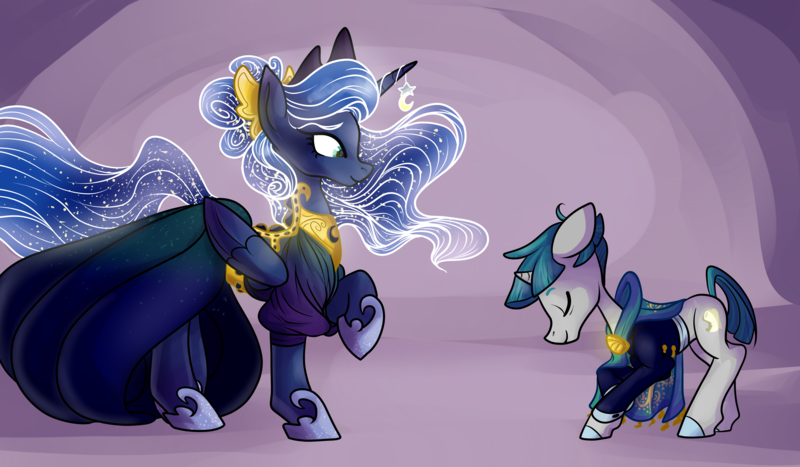 Size: 6000x3500 | Tagged: safe, artist:heyerika, derpibooru import, princess luna, stygian, alicorn, pony, unicorn, bowing, clothes, dress, ethereal mane, eyes closed, female, horn jewelry, male, mare, raised hoof, stallion, starry mane, suit