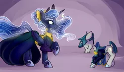 Size: 6000x3500 | Tagged: safe, artist:heyerika, derpibooru import, princess luna, stygian, alicorn, pony, unicorn, bowing, clothes, dress, ethereal mane, eyes closed, female, horn jewelry, male, mare, raised hoof, stallion, starry mane, suit