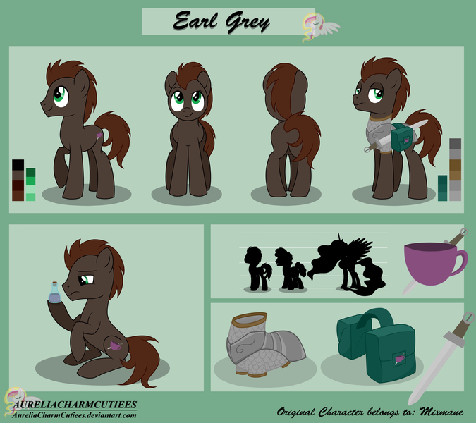 Size: 5400x4801 | Tagged: safe, artist:raspberrystudios, derpibooru import, oc, oc:earl grey, unofficial characters only, earth pony, pony, absurd resolution, armor, commission, cutie mark, male, poses, potion, raised hoof, reference sheet, saddle bag, stallion, sword, weapon