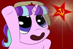 Size: 1080x720 | Tagged: safe, artist:tuberculosis, derpibooru import, starlight glimmer, pony, unicorn, communism, hammer and sickle, happy, hat, looking up, soviet, soviet union, stalin glimmer, ushanka