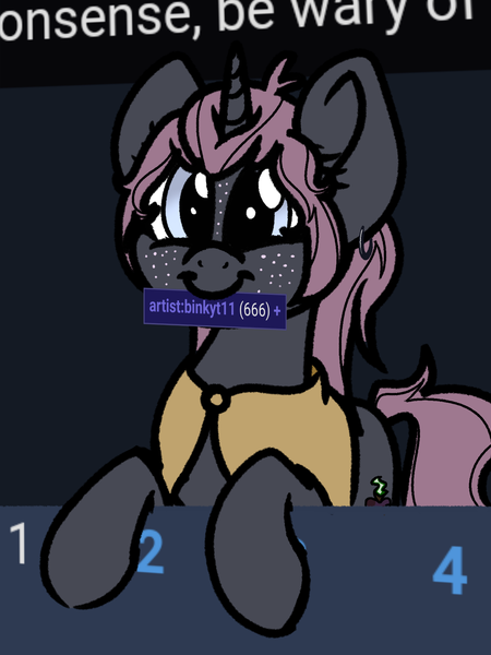 Size: 1500x2000 | Tagged: safe, artist:binkyt11, derpibooru import, oc, oc:belladonna lamia, unofficial characters only, pony, unicorn, derpibooru, 666, cloak, clothes, ear piercing, female, freckles, hail satan, mare, meta, mouth hold, piercing, potato sack, solo, tags