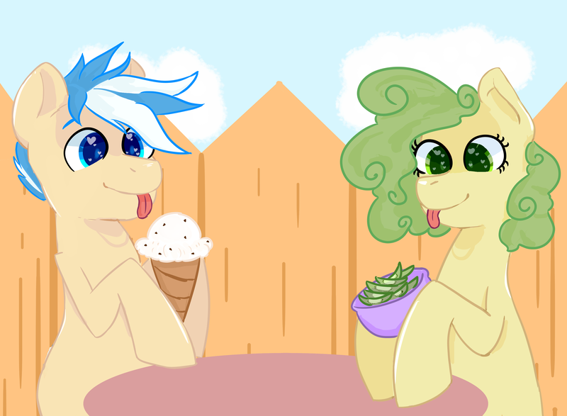 Size: 3000x2200 | Tagged: safe, artist:kiwiscribbles, derpibooru import, oc, oc:kiwi scribbles, oc:vanilla daze, unofficial characters only, earth pony, pony, female, food, heart eyes, ice cream, male, mare, stallion, tongue out, wingding eyes