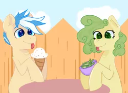 Size: 3000x2200 | Tagged: safe, artist:kiwiscribbles, derpibooru import, oc, oc:kiwi scribbles, oc:vanilla daze, unofficial characters only, earth pony, pony, female, food, heart eyes, ice cream, male, mare, stallion, tongue out, wingding eyes