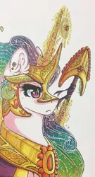 Size: 689x1280 | Tagged: safe, artist:nightmare-moons-throneroom, derpibooru import, princess celestia, pony, armor, cloak, clothes, ear fluff, ear piercing, earring, ethereal mane, female, frown, glowing horn, helmet, jewelry, magic, mare, necklace, piercing, redraw, simple background, solo, spear, starry mane, telekinesis, warrior celestia, weapon, white background