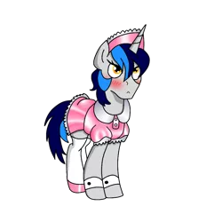 Size: 1000x1000 | Tagged: safe, artist:cappie, artist:oliver, derpibooru import, oc, oc:cappie, unofficial characters only, pony, blushing, clothes, collaboration, crossdressing, embarrassed, maid, male, satin, shiny, shoes, silk, simple background, sissy, solo, stallion, transparent background, uniform