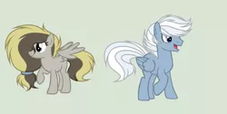 Size: 2054x1032 | Tagged: safe, artist:roseloverofpastels, derpibooru import, oc, oc:banana nut muffin, oc:double dash, unofficial characters only, pegasus, pony, female, male, mare, offspring, parent:derpy hooves, parent:doctor whooves, parent:double diamond, parent:night glider, parents:doctorderpy, parents:nightdiamond, simple background, stallion