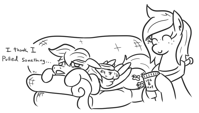 Size: 778x441 | Tagged: safe, artist:jargon scott, derpibooru import, big macintosh, fluttershy, butterreina, butterscotch, couch, dialogue, female, fluttermac, ice pack, injured, macareina, male, monochrome, rule 63, shipping, smiling, straight