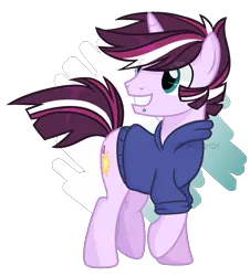 Size: 1400x1550 | Tagged: safe, artist:sapiira, derpibooru import, oc, oc:blaze, unofficial characters only, pony, unicorn, clothes, hoodie, magical lesbian spawn, male, offspring, parent:tempest shadow, parent:twilight sparkle, parents:tempestlight, simple background, solo, stallion, transparent background