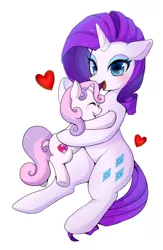 Size: 902x1383 | Tagged: safe, artist:hosikawa, derpibooru import, rarity, sweetie belle, pony, unicorn, blushing, cutie mark, female, filly, heart, hug, mare, simple background, sisterly love, sisters, the cmc's cutie marks, white background