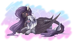 Size: 3231x1808 | Tagged: safe, artist:mauuwde, derpibooru import, oc, oc:ender heart, oc:nisha, unofficial characters only, pegasus, pony, female, hug, intertwined tails, leonine tail, mare, prone, simple background, tail, transparent background, winghug