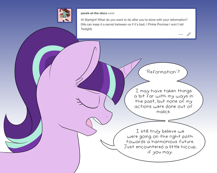 Size: 3000x2400 | Tagged: safe, derpibooru import, starlight glimmer, pony, unicorn, series:glimmering spectacle, comic, dialogue, solo, tumblr