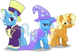 Size: 5998x4123 | Tagged: safe, artist:vector-brony, derpibooru import, idw, jack pot, sunflower spectacle, trixie, pony, unicorn, grannies gone wild, absurd resolution, clothes, family, female, idw showified, jacktacle, looking at you, male, mare, raised hoof, simple background, smiling, smirk, stallion, transparent background, trio, trixie's parents, vector