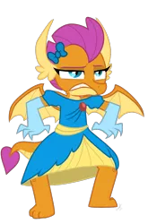 Size: 800x1214 | Tagged: annoyed, artist:emositecc, bow, clothes, cute, derpibooru import, dragon, dragoness, dress, dressup, female, hilarious in hindsight, ribbon, safe, school daze, show accurate, simple background, smolder, smolder also dresses in style, smolderbetes, transparent background