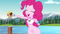 Size: 1920x1080 | Tagged: suggestive, artist:fishsandwich, derpibooru import, edit, edited screencap, screencap, pinkie pie, equestria girls, legend of everfree, belly button, bracelet, breast edit, breasts, camp everfree outfits, clothes, eyes closed, female, jewelry, lake, midriff, mountain, open mouth, panties, partial nudity, pine tree, solo, solo female, thong, tree, underwear, underwear edit, wide hips, wristband