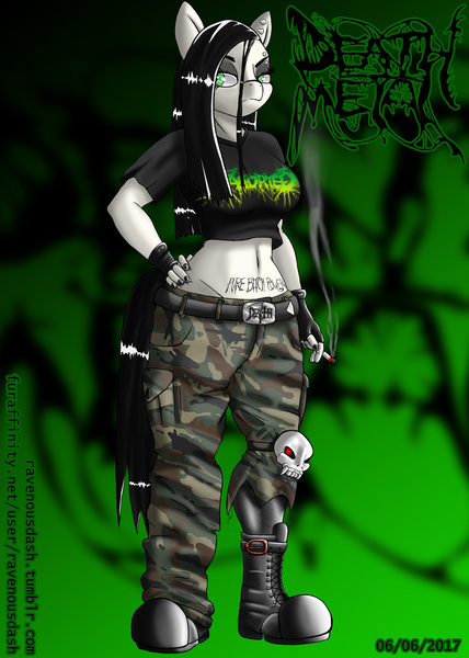 Size: 914x1280 | Tagged: safe, artist:ravenousdash, derpibooru import, oc, oc:death metal, anthro, earth pony, plantigrade anthro, abstract background, body writing, boots, breasts, camouflage, cigarette, ear piercing, hand on hip, lidded eyes, piercing, ranchtown, shoes, skull, smoking, tattoo