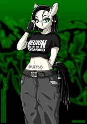 Size: 896x1280 | Tagged: safe, artist:ravenousdash, derpibooru import, oc, oc:death metal, anthro, earth pony, abstract background, belly button, body writing, clothes, ear piercing, eyeliner, fingerless gloves, gloves, makeup, midriff, pantera, piercing, ranchtown, short sleeves, tattoo