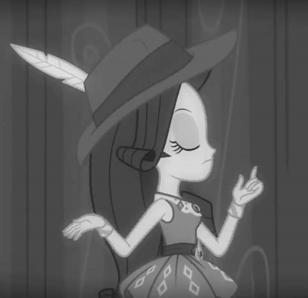 Size: 745x720 | Tagged: safe, derpibooru import, screencap, rarity, equestria girls, equestria girls series, rarity investigates: the case of the bedazzled boot, animated, black and white, cropped, detective rarity, fabulous, feather, fedora, female, gif, grayscale, hat, monochrome, solo