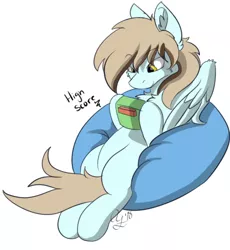 Size: 511x555 | Tagged: safe, artist:aurorafang, derpibooru import, oc, oc:zephyrfrost, unofficial characters only, pegasus, pony, beanbag chair, colt, gameboy advance, gaming, high score, male, relaxed