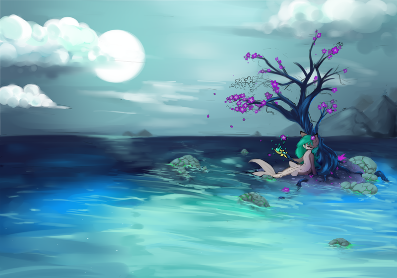 Size: 2000x1400 | Tagged: artist:polakz, cloud, derpibooru import, flower, island, magic, merpony, monster mare, monster pony, mountain, oc, oc:sushi, resting, rock, safe, scenery, solo, tree, wand, water