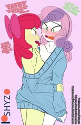 Size: 926x1416 | Tagged: suggestive, artist:pshyzomancer, derpibooru import, apple bloom, sweetie belle, equestria girls, blushing, breasts, clothes, delicious flat chest, embarrassed, eye contact, female, get along shirt, implied applejack, implied rarity, lesbian, looking at each other, open mouth, pink background, shared clothing, shipping, simple background, smiling, sweater, sweetiebloom, text, wide eyes