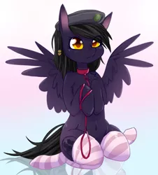 Size: 802x886 | Tagged: suggestive, artist:komandorpush, derpibooru import, oc, oc:mir, unofficial characters only, pegasus, pony, fallout equestria, belly button, beret, clothes, collar, commission, dashite, hat, leash, pet, pet play, socks, solo, striped socks
