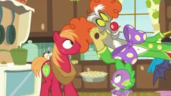 Size: 1280x720 | Tagged: safe, derpibooru import, screencap, big macintosh, discord, spike, draconequus, dragon, earth pony, pony, the break up breakdown, bowtie, clown, clown nose, clown wig, discord the clown, food, male, pie, red nose, stallion, trio