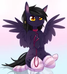 Size: 802x886 | Tagged: suggestive, alternate version, artist:komandorpush, derpibooru import, oc, oc:mir, unofficial characters only, pegasus, pony, fallout equestria, belly button, clothes, collar, commission, dashite, female, leash, mare, socks, solo, striped socks