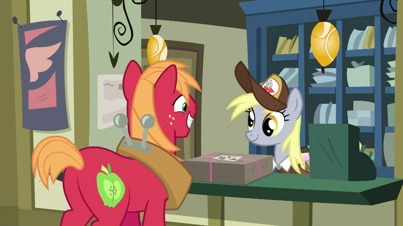 Size: 1280x720 | Tagged: safe, derpibooru import, screencap, big macintosh, derpy hooves, earth pony, pony, the break up breakdown, cash register, duo, female, hat, mailmare, mailmare hat, male, mare, package, post office, stallion