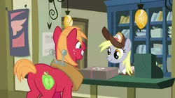 Size: 1280x720 | Tagged: safe, derpibooru import, screencap, big macintosh, derpy hooves, earth pony, pony, the break up breakdown, cash register, duo, female, hat, mailmare, mailmare hat, male, mare, package, post office, stallion