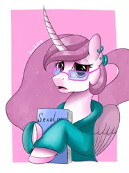 Size: 2053x2756 | Tagged: safe, artist:shadowreindeer, derpibooru import, princess celestia, alicorn, pony, book, clothes, ear piercing, earring, female, glasses, jewelry, looking at you, mare, piercing, pink-mane celestia, solo, sweater