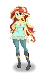 Size: 1836x3096 | Tagged: safe, artist:iyoungsavage, derpibooru import, sunset shimmer, equestria girls, boots, breasts, busty sunset shimmer, cleavage, clothes, female, looking at you, shoes, simple background, smiling, solo, white background