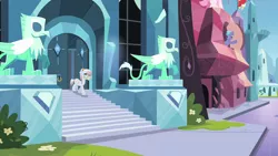 Size: 1280x720 | Tagged: safe, derpibooru import, screencap, agate, amethyst maresbury, rubinstein, crystal pony, pony, the crystal empire, crystal empire, crystal griffon, depressed, female, image, male, mare, one leg raised, png, pose, stairs, stallion, statue