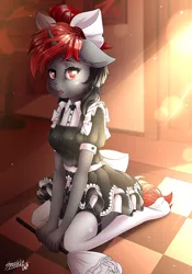 Size: 3640x5200 | Tagged: safe, artist:sparklyon3, derpibooru import, oc, anthro, plantigrade anthro, unicorn, clothes, commission, dress, finished, maid, missing shoes, outfit, rcf community, socks, solo, stockings, thigh highs, ych result