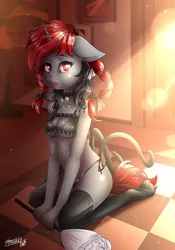 Size: 3640x5200 | Tagged: suggestive, artist:sparklyon3, derpibooru import, oc, unofficial characters only, anthro, plantigrade anthro, unicorn, bell, bell collar, boob window, bra, braid, breasts, cat keyhole bra set, cat lingerie, clothes, collar, commission, female, finished, looking at you, mare, outfit, rcf community, socks, solo, solo female, stockings, thigh highs, twin braids, underwear, ych result