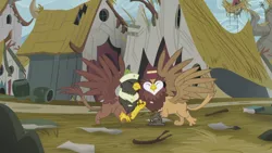 Size: 1920x1080 | Tagged: safe, derpibooru import, screencap, gardyloo, gunter, gryphon, the lost treasure of griffonstone, background griffon, collision, duo, eyes closed, griffonstone, hat, male, spread wings, wings