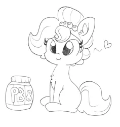 Size: 1591x1681 | Tagged: safe, artist:tjpones, derpibooru import, edit, editor:dsp2003, oc, oc:brownie bun, earth pony, pony, female, food, heart, lineart, mare, monochrome, peanut butter, simple background, sitting, traditional art, white background