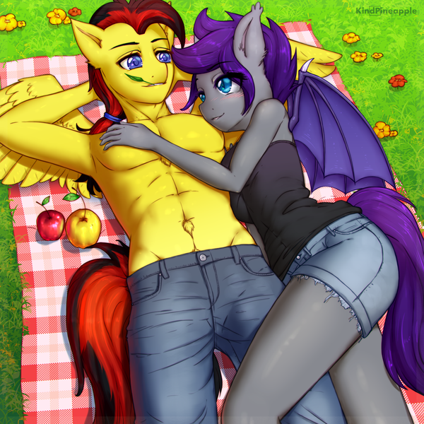 Size: 3543x3543 | Tagged: suggestive, artist:kindpineapple, derpibooru import, oc, oc:nova the bat pony, unofficial characters only, anthro, bat pony, pegasus, anthro oc, apple, armpits, bat pony oc, blushing, breasts, clothes, denim shorts, female, flower, food, grass, hug, jeans, lying, male, mare, pants, partial nudity, picnic, picnic blanket, resting, stallion, topless, ych result