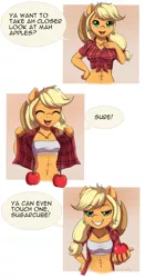 Size: 2000x3816 | Tagged: suggestive, artist:evomanaphy, derpibooru import, applejack, anthro, earth pony, abs, adorasexy, apple, bait and switch, bandeau, bedroom eyes, belly button, breasts, clothes, cute, delicious flat chest, female, flatjack, food, freckles, front knot midriff, grin, happy, innuendo, jackabetes, looking at you, mare, midriff, open mouth, presenting, reasonably sized breasts, sexy, shirt, silly, small breasts, smiling, solo, solo female, troll