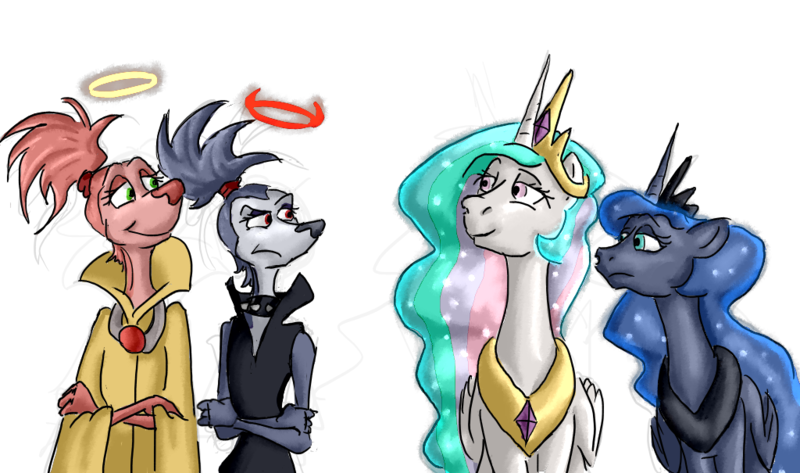 Size: 1024x605 | Tagged: safe, artist:gnomkolin, derpibooru import, princess celestia, princess luna, alicorn, dog, pony, all dogs go to heaven, annabelle, belladonna, crossed arms, crossover, don bluth, ethereal mane, simple background, starry mane, transparent background