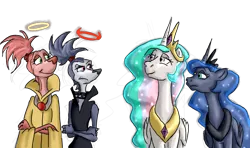 Size: 1024x605 | Tagged: safe, artist:gnomkolin, derpibooru import, princess celestia, princess luna, alicorn, dog, pony, all dogs go to heaven, annabelle, belladonna, crossed arms, crossover, don bluth, ethereal mane, simple background, starry mane, transparent background