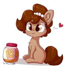 Size: 1591x1681 | Tagged: safe, artist:dsp2003, artist:tjpones, derpibooru import, oc, oc:brownie bun, unofficial characters only, earth pony, pony, blushing, collaboration, colored, cute, female, food, heart, mare, ocbetes, peanut butter, simple background, smiling, solo, transparent background