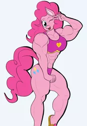 Size: 1253x1809 | Tagged: suggestive, artist:matchstickman, derpibooru import, pinkie pie, anthro, earth pony, plantigrade anthro, abs, biceps, bikini, breasts, buff breasts, clothes, deltoids, female, flip-flops, mare, muscles, one eye closed, pinkie pump, solo, solo female, swimsuit, thunder thighs, triceps